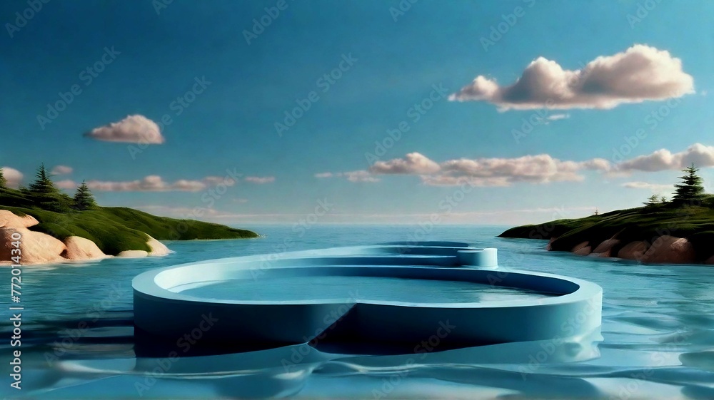 3d render round platform on water with glass wall background