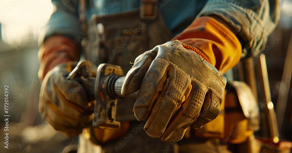 Worker's gloves gripping a tool, close-up, afternoon light, wide angle, emphasis on grip and protection. Worker's gloves gripping a tool, close-up, afternoon light, wide angle, emphasis on grip and protection.