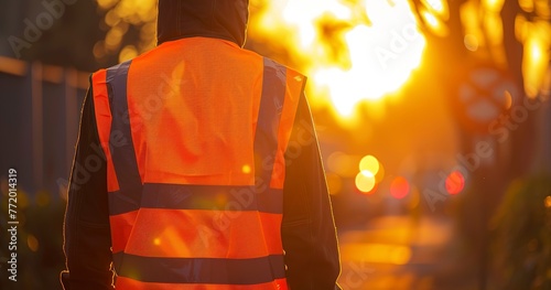 Reflective safety vest at twilight, close view, golden hour, wide lens, visibility highlighted.