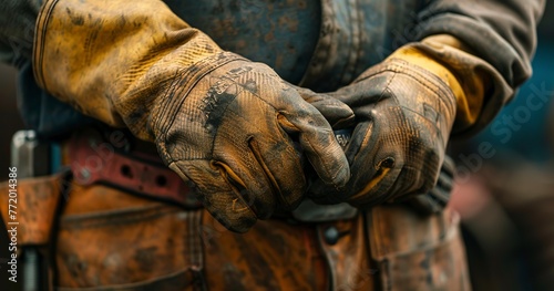 Worker's gloves gripping a tool, close-up, afternoon light, wide angle, emphasis on grip and protection. 