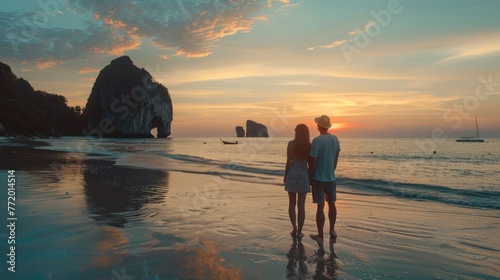 Romantic couple traveler joy look beautiful nature at sunset beach Outdoor lifestyle attraction travel Trang Thailand exotic beach Tourist on summer holiday vacation, photo