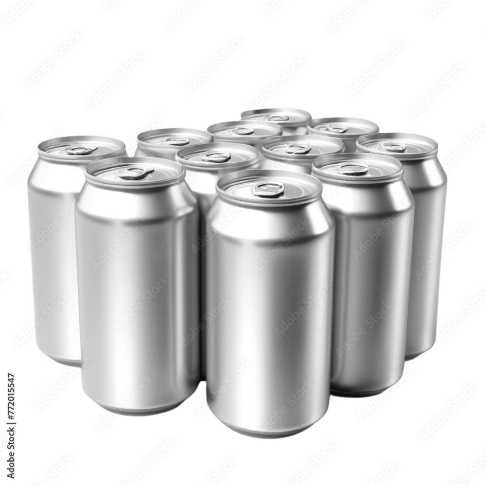a silver metal tin cans and clear bottles on Isolated transparent background png. generated with AI a silver metal tin cans and clear bottles on Isolated transparent background png. generated with AI