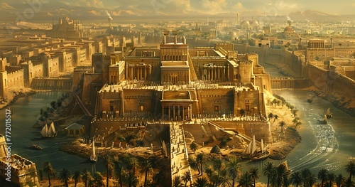Aerial view of the city of Babylon in biblical times, Generative AI