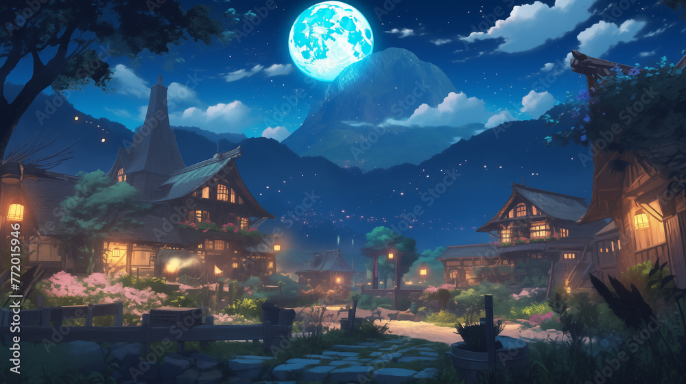 anime background, halloween night in the village, moonlit village, with thatched cottages, cobblestone paths, glowing lanterns, soft moonbeams, twinkling lights, storybook, enchanting glow - obrazy, fototapety, plakaty 