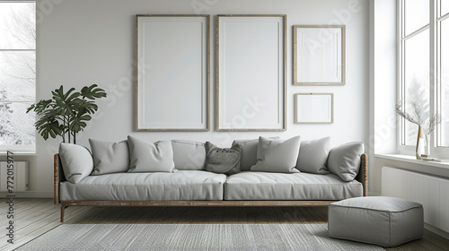 An inviting image capturing a modern Nordic-style lounge, showcasing a light gray couch and white frames that create a clean and inspiring backdrop for artistic endeavors.