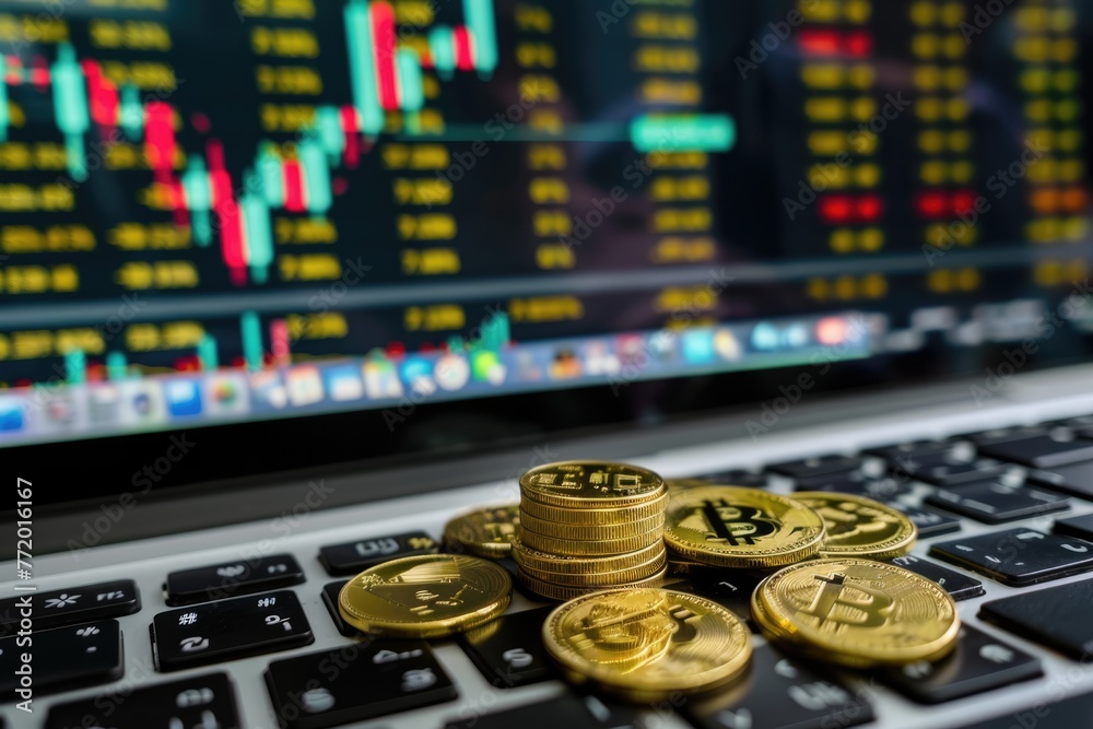 Gold bitcoins stacked on top of a computer keyboard, symbolizing earnings and high income in stock exchange Gold bitcoins stacked on top of a computer keyboard, symbolizing earnings and high income in stock exchange