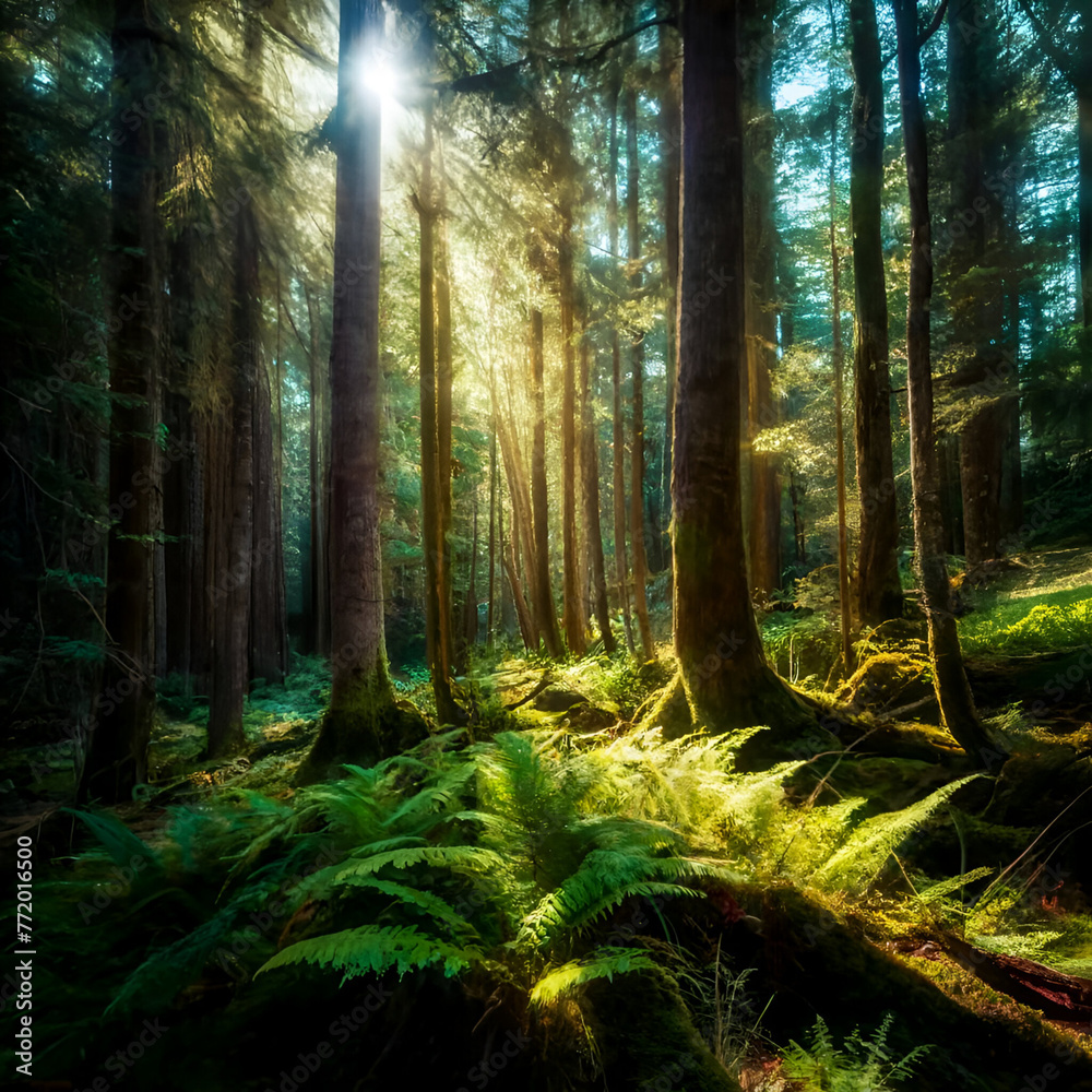 A serene forest, with tall, majestic trees covered in lush green leaves. The sunlight filters through.
