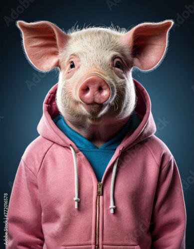 anthropomorphic teenage pig in a comfortable hoodie on a plain background