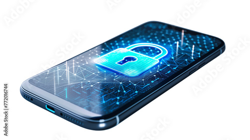 A smartphone with a lock, cyber security, isolated on a transparent background
