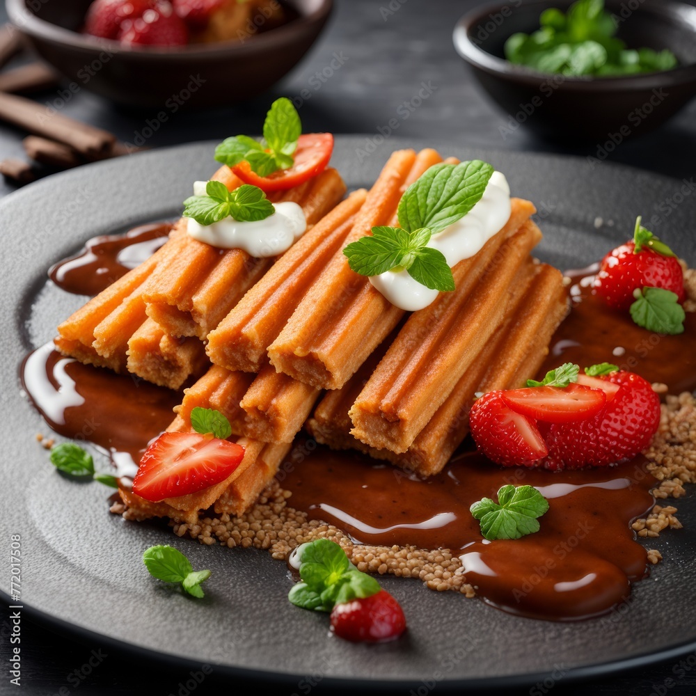 Churros with condensed milk in powdered sugar with strawberries Churros with condensed milk in powdered sugar with strawberries