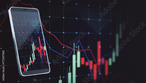Close up of mobile phone with growing blue forex chart hologram on blurry dark grid index background. Banking, invest and financial growth concept. 3D Rendering.
