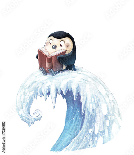 Penguin reading a book on ice