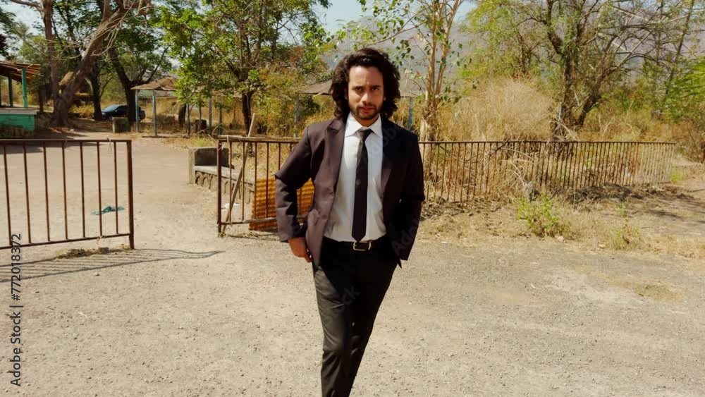 Young businessman in a suit walking on pathway Young businessman in a suit walking on pathway