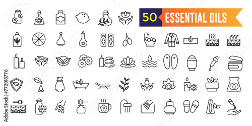 Essential oils icons set. Set of oils vector icons for web design isolated icon collection. Outline icon collection. Editable stroke.