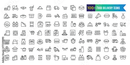 Food delivery service icons set. Outline set of food delivery service icons design isolated.. Outline icon collection. Editable stroke.
