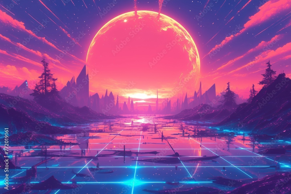 A digital artwork featuring a fantastical landscape.  A large, glowing sphere floats in the sky  above a mountain range and a lake.