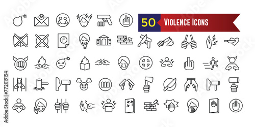 Violence icons set. Outline set of violence icons for web design isolated. Outline icon collection. Editable stroke.