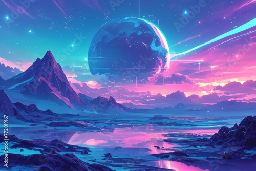 A digital artwork featuring a fantastical landscape.  A large  glowing sphere floats in the sky  above a mountain range and a lake.
