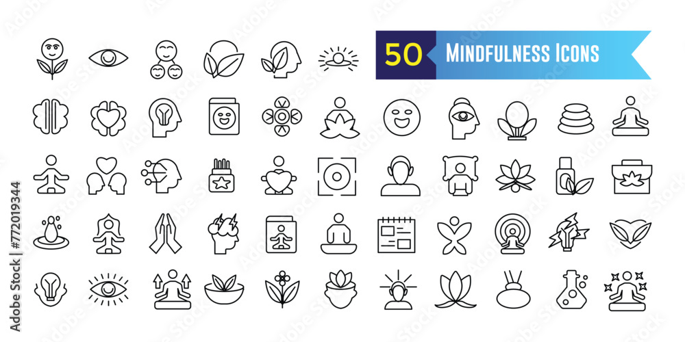 Mindfulness icons set outline vector. Mind stress. Relax peace for ui design isolated. Outline icon collection. Editable stroke. - obrazy, fototapety, plakaty 