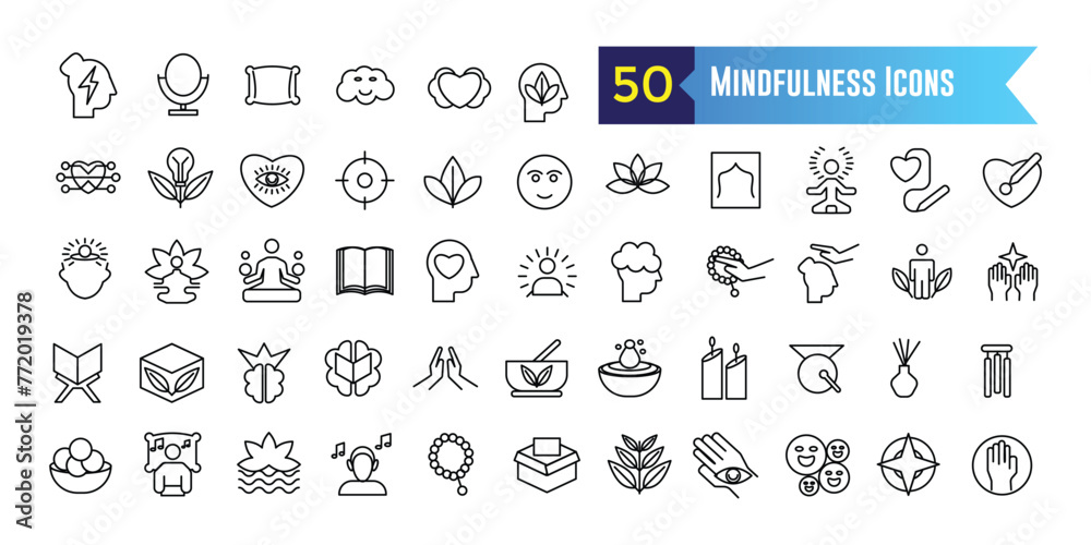 Mindfulness icons set outline vector. Mind stress. Relax peace for ui design isolated. Outline icon collection. Editable stroke. - obrazy, fototapety, plakaty 