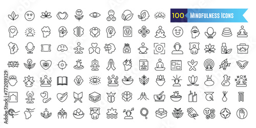 Mindfulness icons set outline vector. Mind stress. Relax peace for ui design isolated. Outline icon collection. Editable stroke.