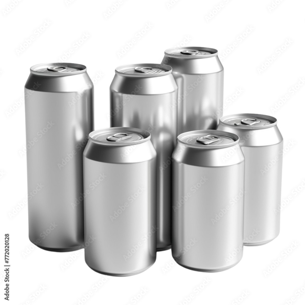 a silver metal tin cans and clear bottles on Isolated transparent background png. generated with AI a silver metal tin cans and clear bottles on Isolated transparent background png. generated with AI