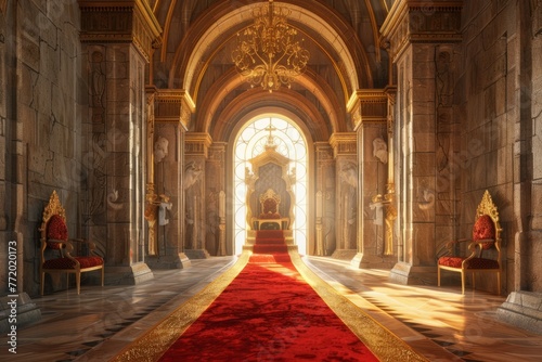 A grand throne room in a fantasy palace. A long red carpet runs down the center of the room, leading to an elaborate throne at the far end.