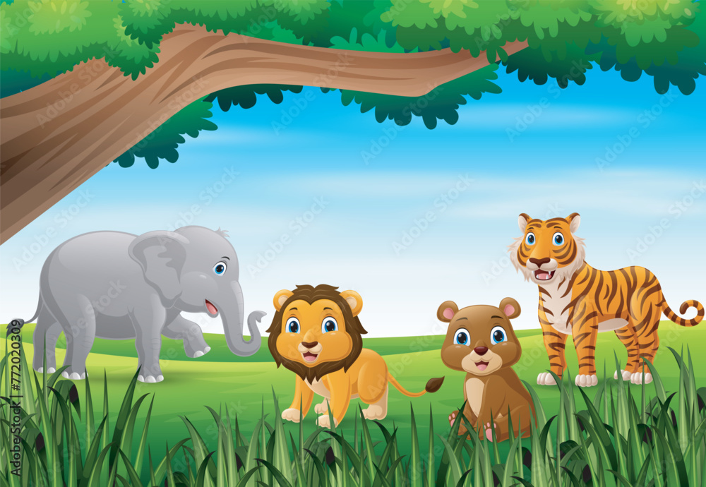 Naklejka premium Cute wild animals cartoon in the jungle