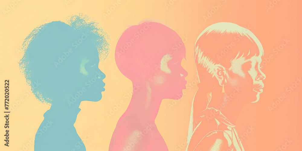 Diverse women profiles in a stylized illustration with vibrant colors Diverse women profiles in a stylized illustration with vibrant colors