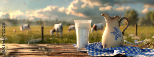 A pitcher and a glass of milk on a wooden table with a cow in the background during sunrise.