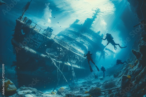Scuba divers exploring an underwater shipwreck, emphasizing the mystery and serenity of the sea. © Nattadesh