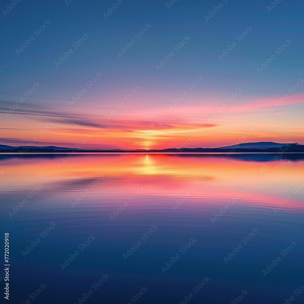 A serene lake reflecting the stunning hues of a calm sunset, evoking tranquility and romance in nature