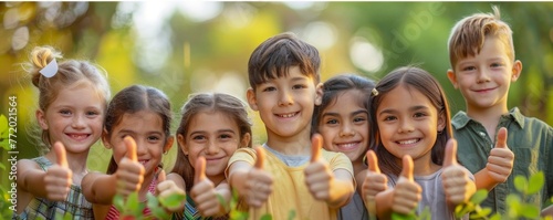Cheerful kids enjoy summertime and spend free time on green meadow on good summer day. Banner header background with group of happy children standing in row showing thumbs up okay, Generative AI #772021564