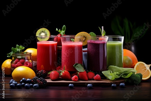 Wallpaper Mural Glasses filled with colorful fruit smoothies stand in a row and fruits lie next to them Torontodigital.ca