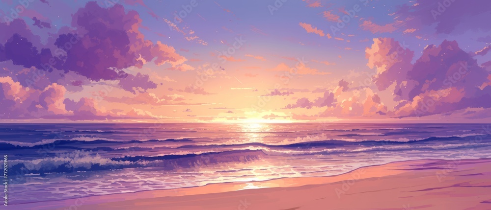 A digital painting of a sunset over the ocean. The sky is ablaze with color, with streaks of orange, pink, and purple. - obrazy, fototapety, plakaty 