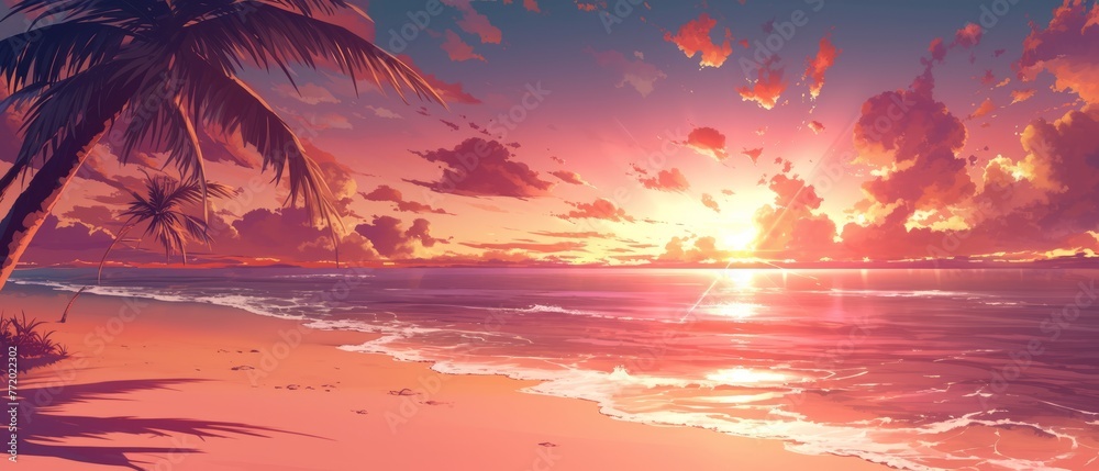 A digital painting of a sunset over the ocean. The sky is ablaze with color, with streaks of orange, pink, and purple.