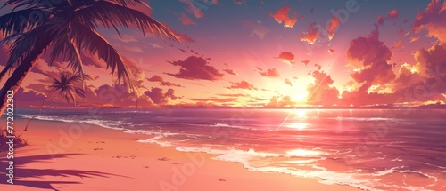 A digital painting of a sunset over the ocean. The sky is ablaze with color, with streaks of orange, pink, and purple.