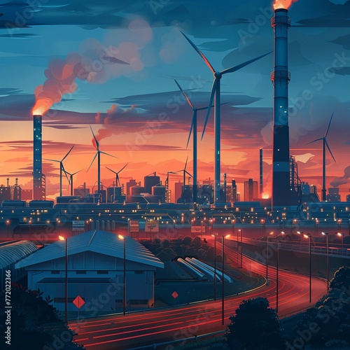 Renewable Energy Meets Industrial Might Wind turbines towering over industrial facilities, a fusion of green energy and industrial power, dawn lighting , illustration