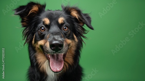 close-up of a young dog smiling on a green background, gazing directly at the camera in a professional photo studio setting. Perfect for a pet shop banner or advertisement