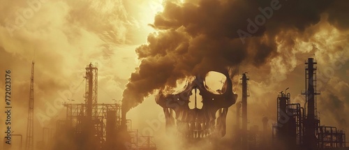 A large petrochemical plant emitting smoke in the shape of an ominous skull, creating a stark contrast between human activities and environmental photo