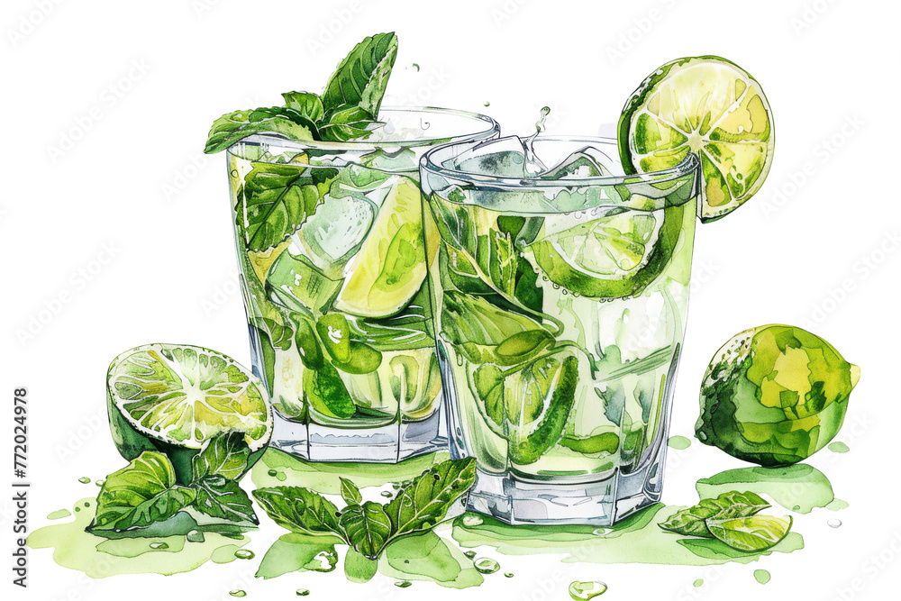 A playful illustration of a classic mojito cocktail, with the glass spilling over to show the effervescence and freshness, perfect for a beach bar menu illustration, white background A playful illustration of a classic mojito cocktail, with the glass spilling over to show the effervescence and freshness, perfect for a beach bar menu illustration, white background