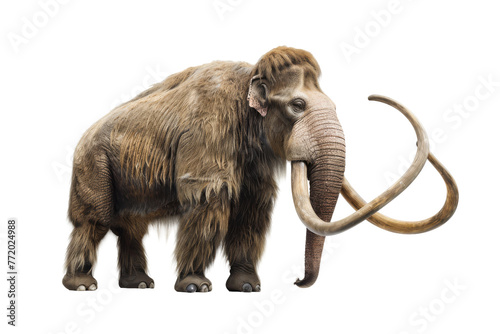 A realistic depiction of a woolly mammoth, isolated on a white background, showcasing its impressive tusks and thick, shaggy coat.