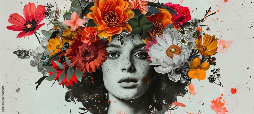 Portrait of a woman adorned with a vibrant array of flowers. The striking monochrome image is embellished with colorful floral elements and splashes of paint, suggesting a fusion of nature and art