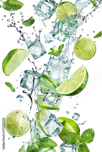dynamic photo of ice cubes, mint leaves and lime slices falling into a glass of mojito drink, with splashes of water, white background