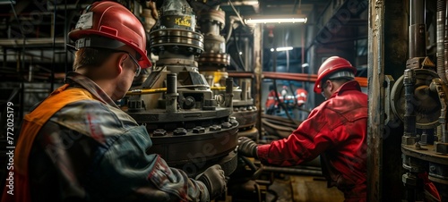 Industrial teamwork concept. Two workers in hard hats and reflective vests operate heavy machinery within an industrial plant, with focus on intricate mechanical details and a teamwork atmosphere.