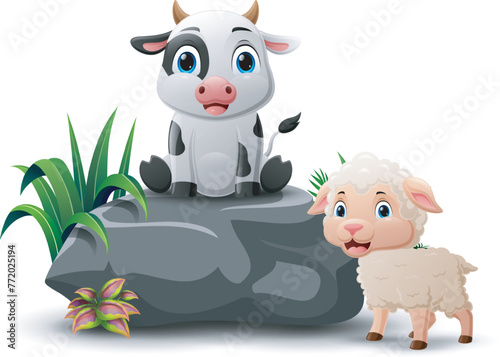 Cartoon baby cow and sheep sitting on the stone © dreamblack46