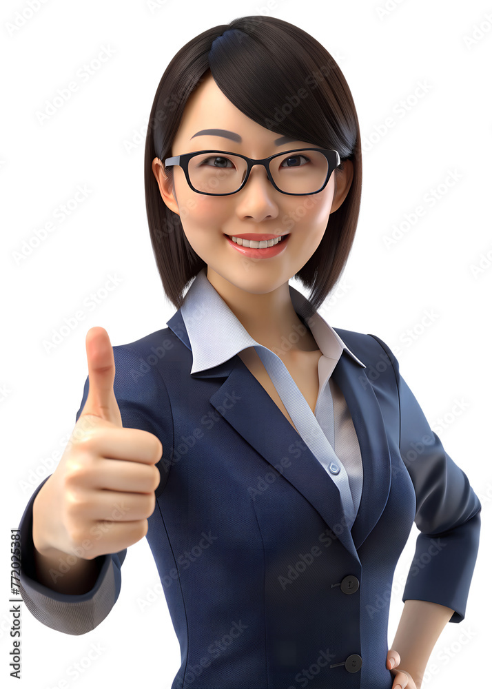 3d style illustration of young asia woman in office worker uniform in glasses with smile, She is Thumbs Up, isolated on transparent background 3d style illustration of young asia woman in office worker uniform in glasses with smile, She is Thumbs Up, isolated on transparent background