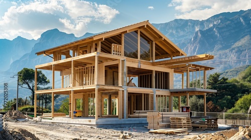 Construction concept. A modern wooden frame house under construction, with large open spaces and panoramic windows, set against a backdrop of majestic mountains and a clear sky.