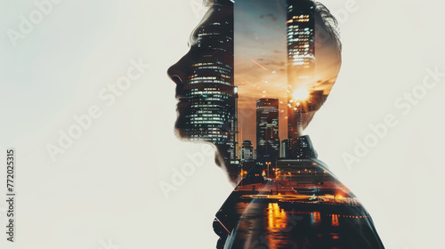 Glasses-wearing man's profile overlaid with a city skyline at dusk.