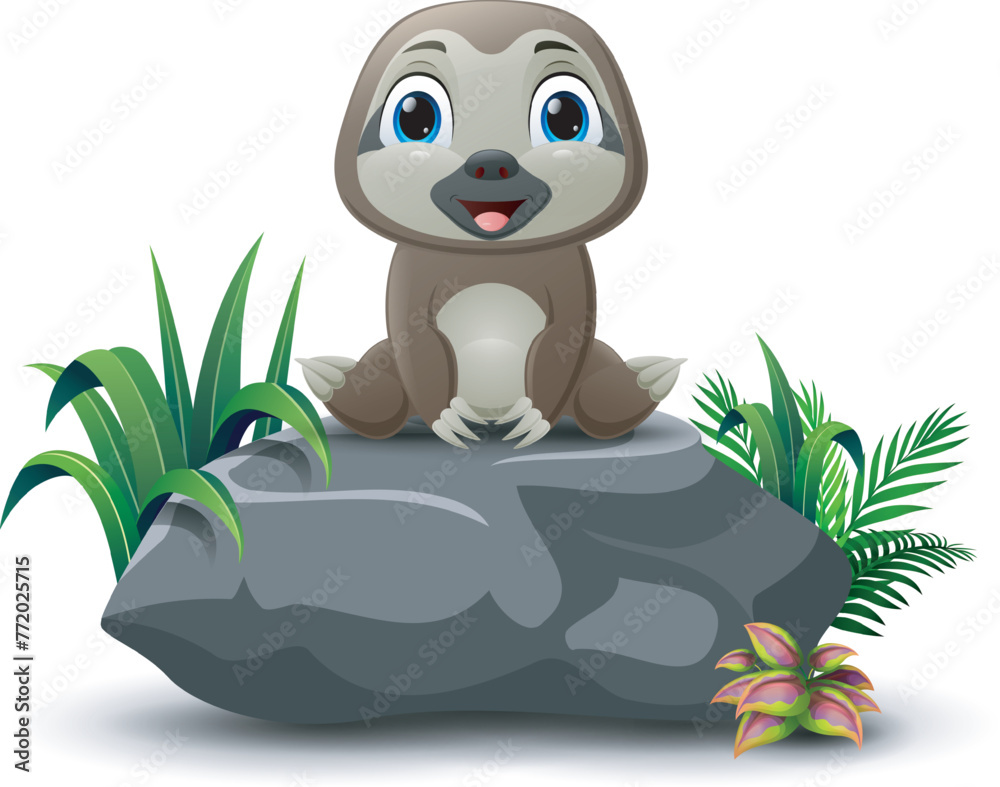 Fototapeta premium Cartoon funny baby sloth sitting on the stone